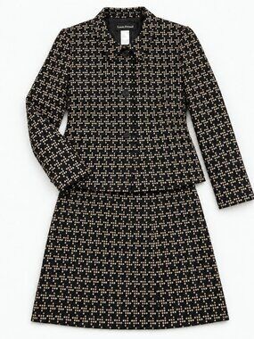 Louis Feraud Virgin Wool Geometric Skirt Suit Set Vintage US 12